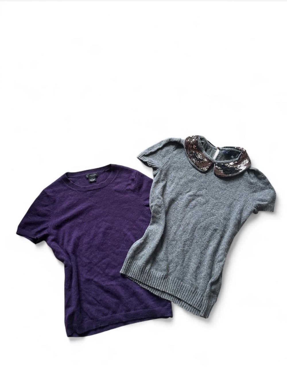 Purple Crewneck Sweater & Gray Sequin-Collar Short Sleeve Sweater Duo